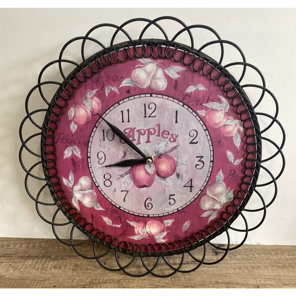 Mid Century Wall Metal Clock Farmhouse Classic Vintage Apples Peaches 14" Inch - Picture 1 of 10